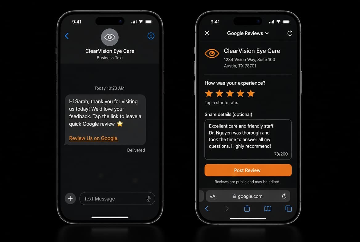 A text message asking a patient for a Google review, next to that review being submitted with five stars